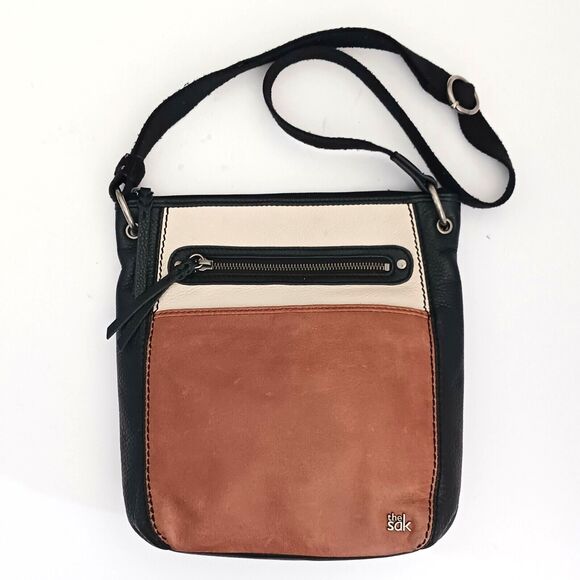 The Sak Laurel Crossbody Bag Colorblock Tri Color Pebble Leather Blk/Brown/Ivory - Picture 1 of 6